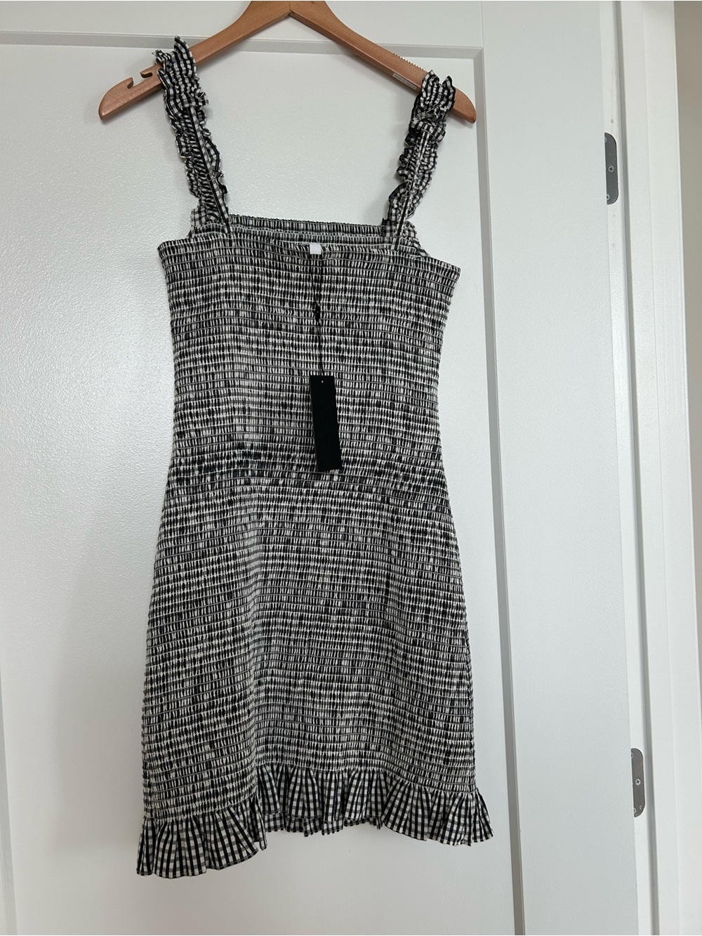Gianni Bini Black & White Gingham Smocked Mini Dress with Ruffle Straps